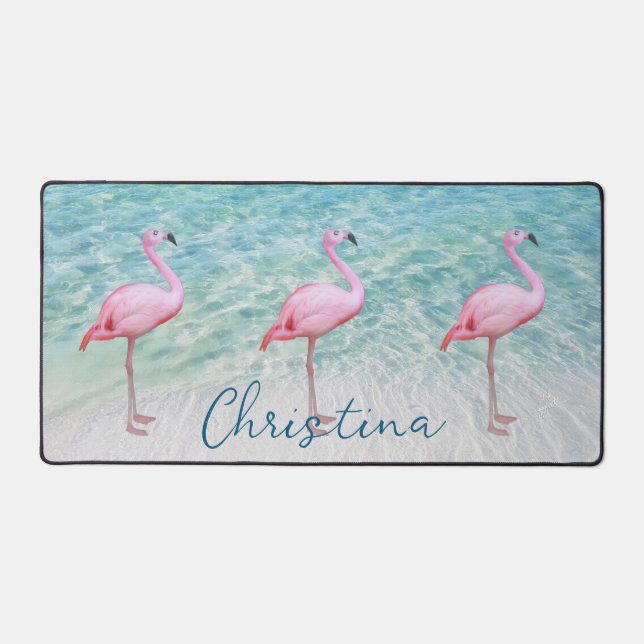 Cute Pink Flamingos Tropical Beach Customizable Desk Mat (Front)
