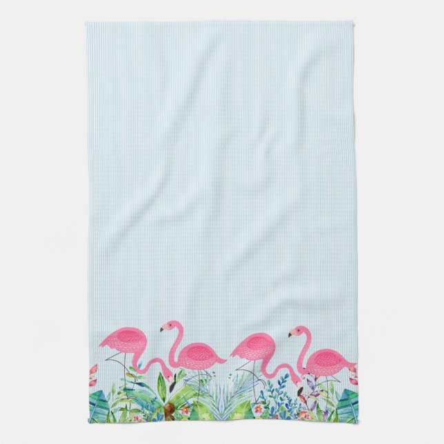 Cute pink flamingos tropical flowers border kitchen towel (Vertical)