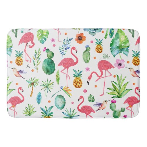 Cute Pink Flamingos  Tropical Flowers Pattern Bath Mat