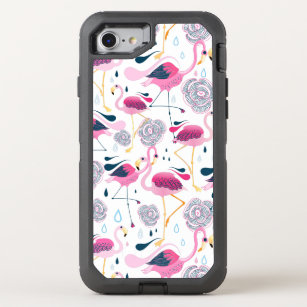 Cute Pink Flamingos & Tropical Flowers Pattern OtterBox Defender iPhone SE/8/7 Case