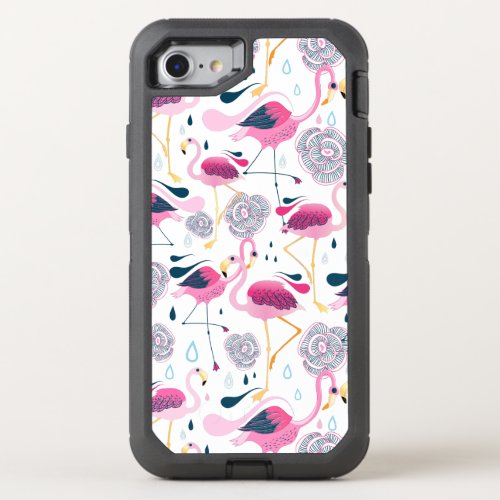 Cute Pink Flamingos  Tropical Flowers Pattern OtterBox Defender iPhone SE87 Case