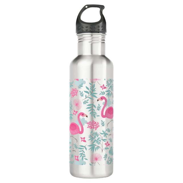 Cute Pink Flamingos & Tropical Flowers Water Bottle (Front)