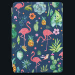 Cute Pink Flamingos & Tropical Leafs Pattern iPad Air Cover<br><div class="desc">Cute colorful tropical flowers,  animals,  flamingos,  pineapple,  cactus seamless pattern with navy blue changeable background color.</div>