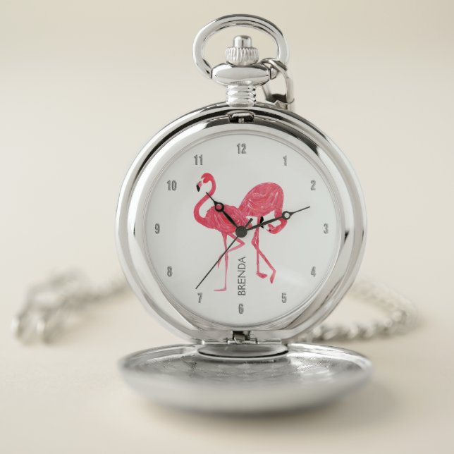 Cute Pink Flamingos Watercolors Illustration Pocket Watch (Inside)