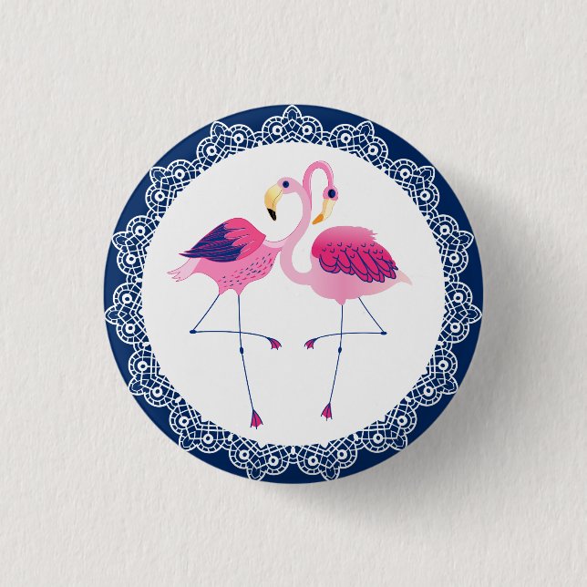 Cute Pink Flamingos With Blue & White lace Pinback Button (Front)
