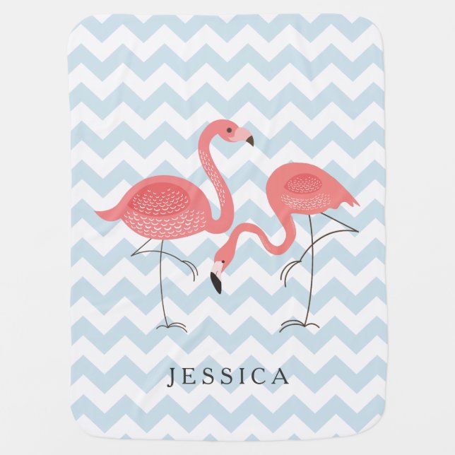 Cute Pink Flamingos WithBaby Blue Chevron Stroller Blanket (Front)