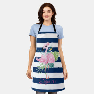 Cute Pink FlamingosTropical Leaf,Striped Apron