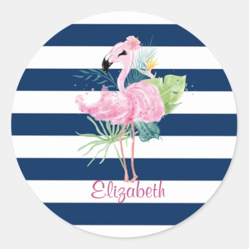 Cute Pink FlamingosTropical LeafStriped  Classic Round Sticker