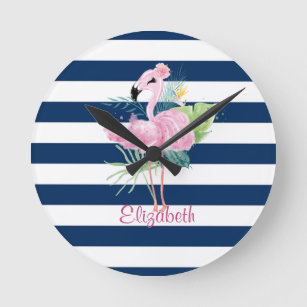 Cute Pink FlamingosTropical Leaf,Striped Round Clock