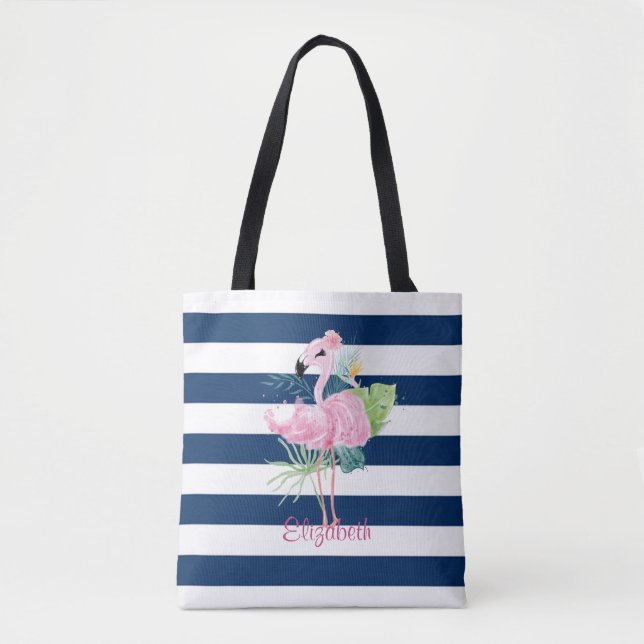 Cute Pink FlamingosTropical Leaf,Striped  Tote Bag (Front)