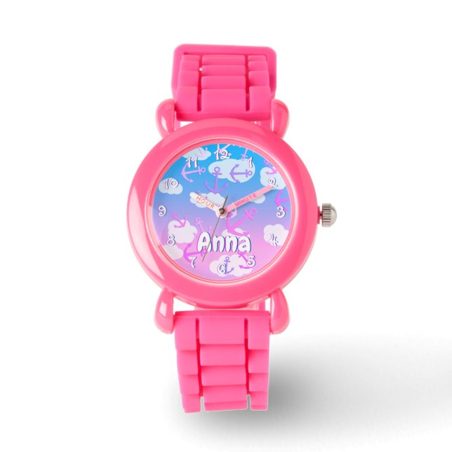 Cute Pink Floating Anchors, Custom Name Children's Watch (Front)