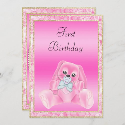 Cute Pink Floppy Ears Bunny First Birthday Invitation