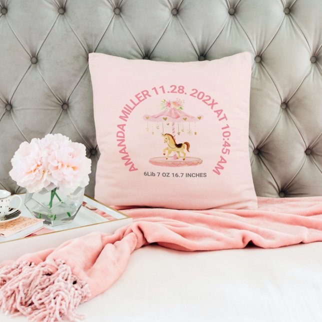 Cute pink floral baby Carousel Baby Birth Date Throw Pillow (Creator Uploaded)