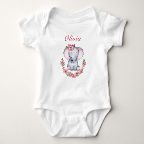Cute Pink Floral Baby Elephant Girls Baby Bodysuit