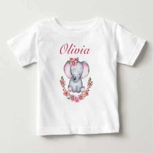 Cute Pink Floral Baby Elephant Girls Baby T_Shirt