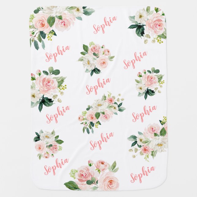 Cute Pink Floral Baby Girl Name Baby Blanket (Front)