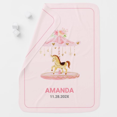 Cute Pink Floral Baby Pony Carousel Baby Blanket