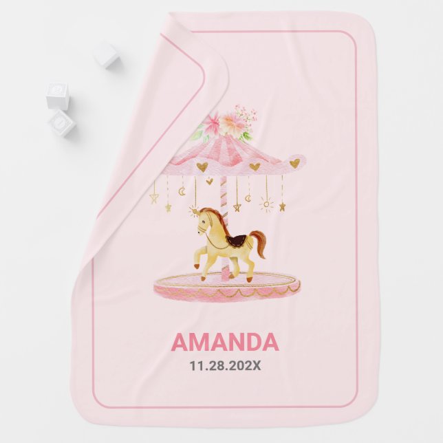 Cute Pink Floral Baby Pony Carousel Baby Blanket (In Situ)