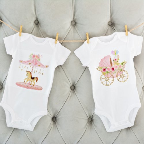 Cute Pink Floral Baby Pony Carousel Baby Bodysuit