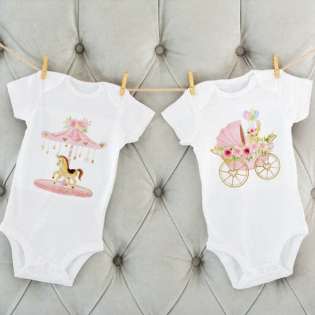 Cute Pink Floral Baby Pony Carousel Baby Bodysuit (Creator Uploaded)