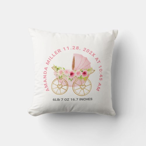 Cute pink floral baby Stroller Baby Birth Date Throw Pillow