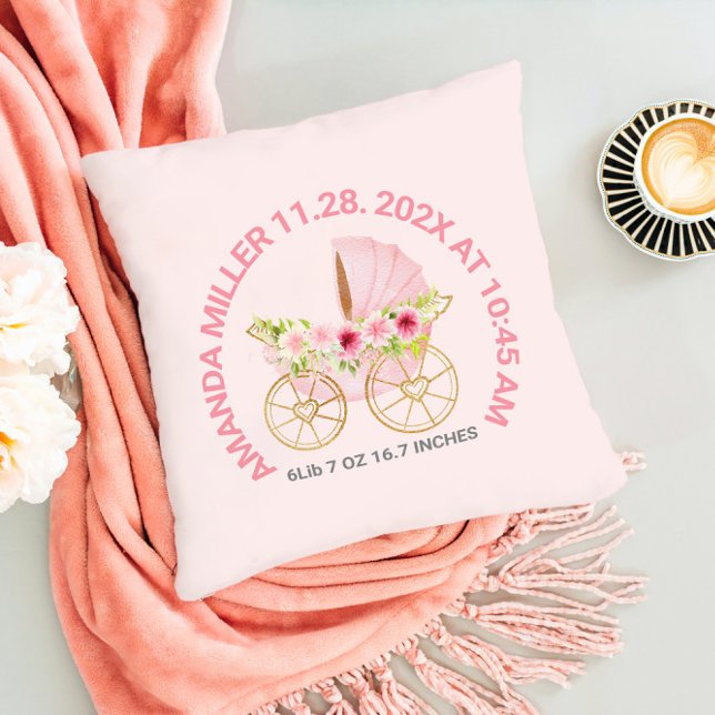 Cute pink floral baby Stroller Baby Birth Date Throw Pillow (Creator Uploaded)
