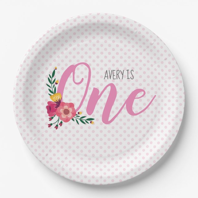 Cute Pink Floral Baby's 1st Birthday Paper Plates (Front)