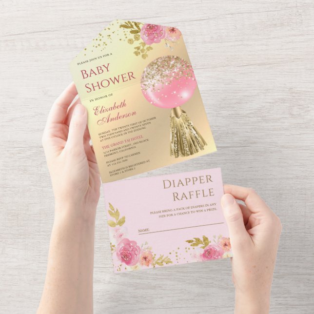 Cute Pink Floral Balloon Gold Foil Baby Shower All In One Invitation (Tearaway)