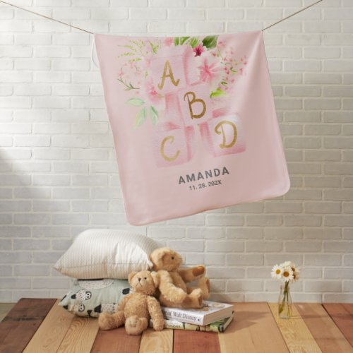 Cute Pink Floral Blocks Alphabet Baby Blanket