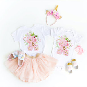 Cute Pink Floral Blocks Alphabet Baby Bodysuit