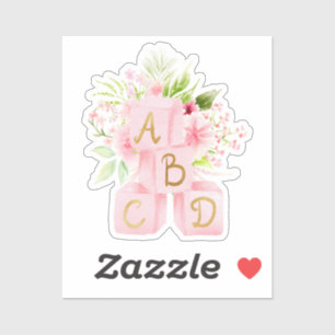 Cute Pink Floral Blocks Alphabet Sticker