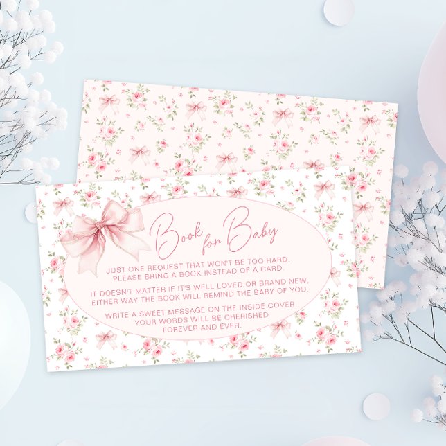 Cute Pink Floral Bow Book for Baby Girl Shower Enclosure Card (Creator Uploaded)