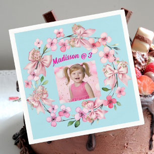 Cute Pink Floral Bow Girl Photo Birthday Party Napkins