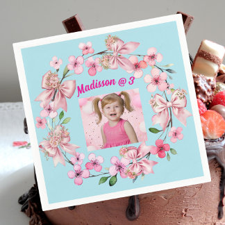 Cute Pink Floral Bow Girl Photo Birthday Party Napkins