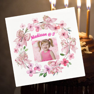 Cute Pink Floral Bow Girl Photo Birthday Party Napkins
