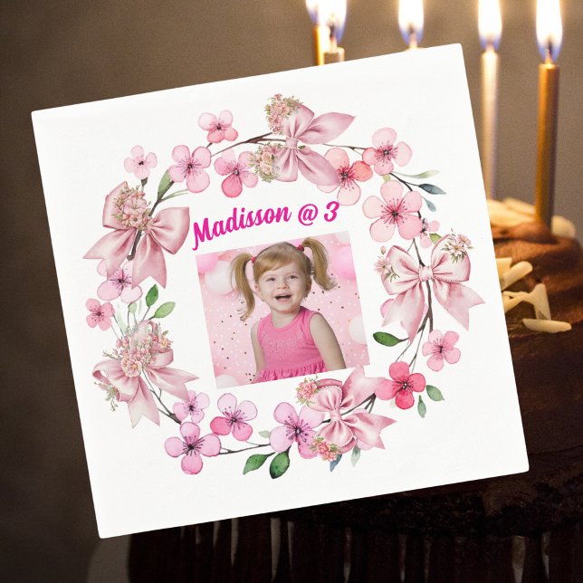 Cute Pink Floral Bow Girl Photo Birthday Party Napkins (Creator Uploaded)