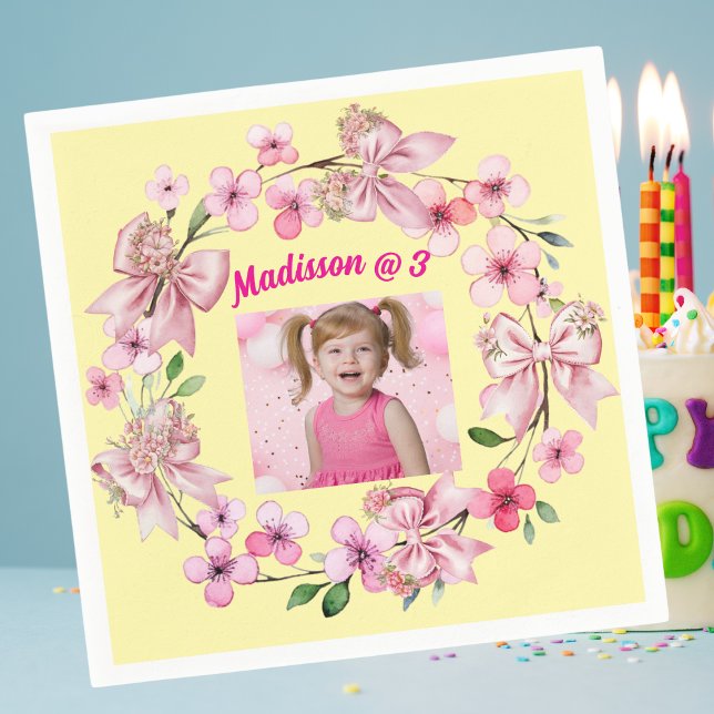 Cute Pink Floral Bow Girl Photo Birthday Party Napkins (Creator Uploaded)