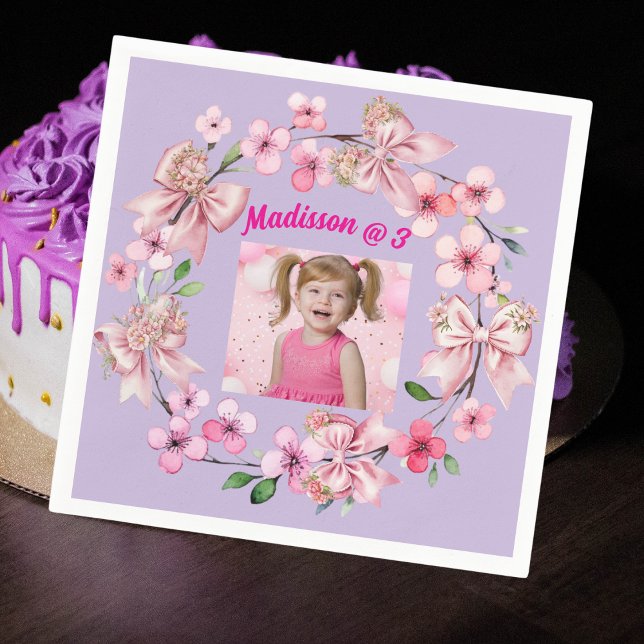Cute Pink Floral Bow Girl Photo Birthday Party Napkins (Creator Uploaded)