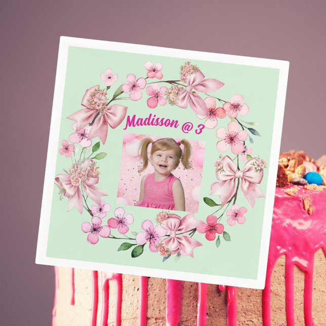 Cute Pink Floral Bow Girl Photo Birthday Party Napkins (Creator Uploaded)