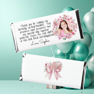 Cute Pink Floral Bow Girly Kids Birthday Hershey Bar Favors