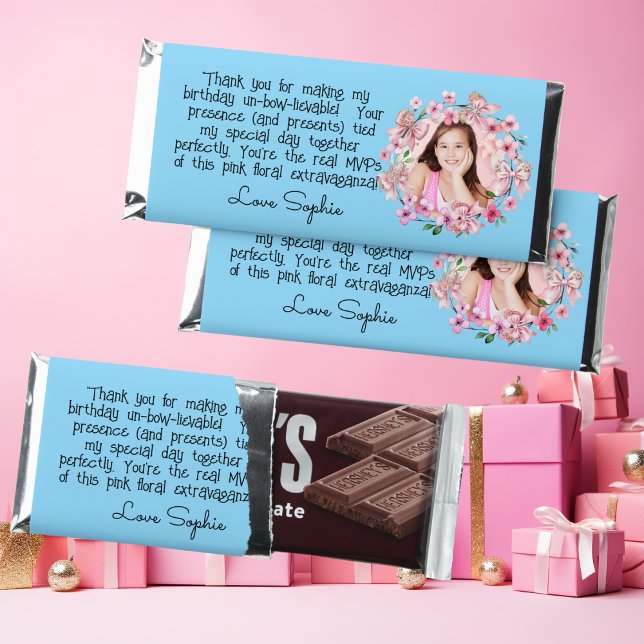 Cute Pink Floral Bow Girly Kids Birthday Hershey Bar Favors (Creator Uploaded)