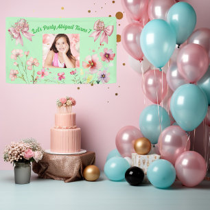 Cute Pink Floral Bow Girly Photo Birthday Banner