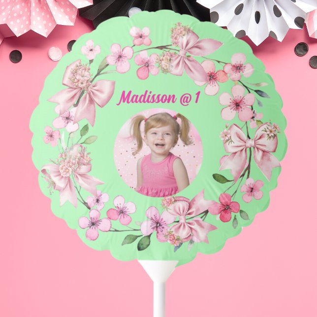 Cute Pink Floral Bow Photo 1st Birthday Party Balloon (Creator Uploaded)