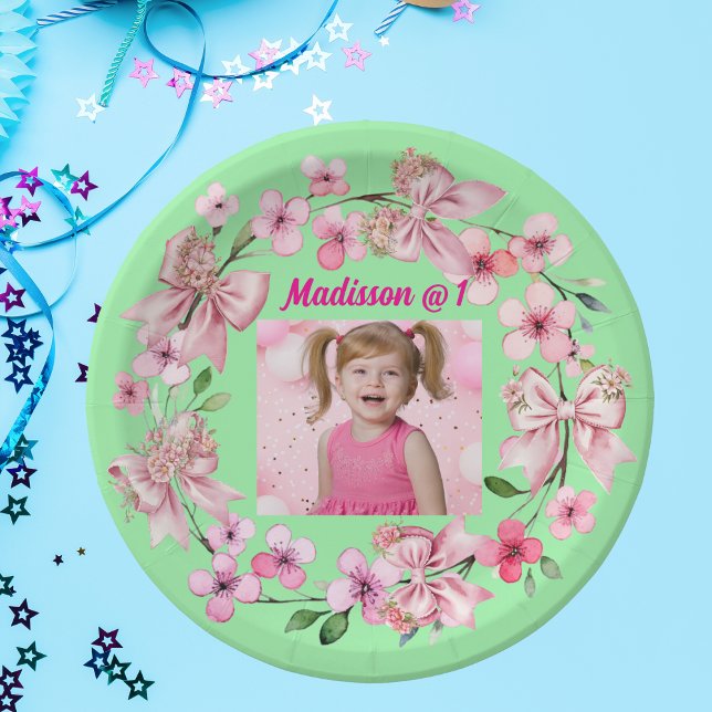 Cute Pink Floral Bow Photo 1st Birthday Party Paper Plates (Creator Uploaded)