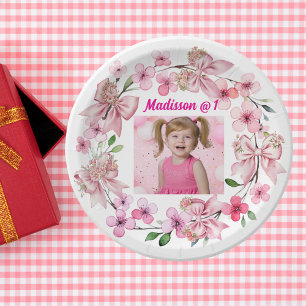 Cute Pink Floral Bow Photo 1st Birthday Party Paper Plates