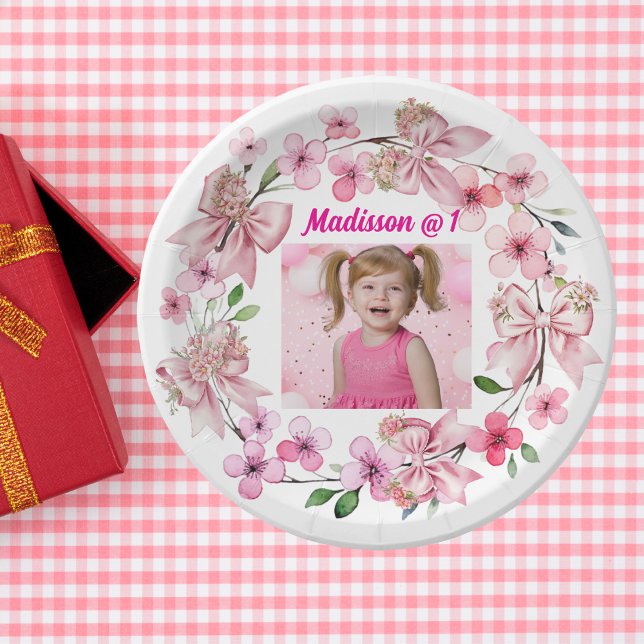 Cute Pink Floral Bow Photo 1st Birthday Party Paper Plates (Creator Uploaded)