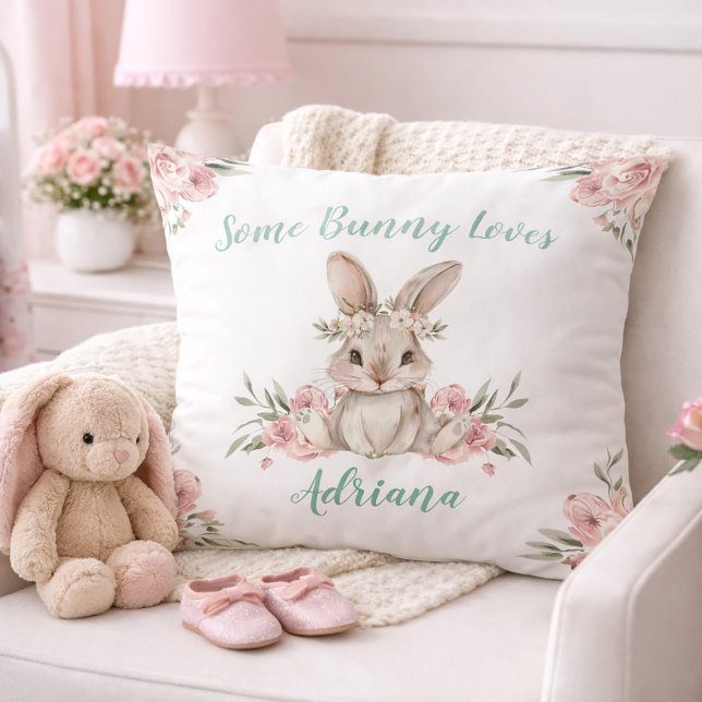 Cute Pink Floral Bunny Baby Girl Nursery Throw Pillow (Cute Pink Floral Bunny Baby Girl Nursery Throw Pillow)