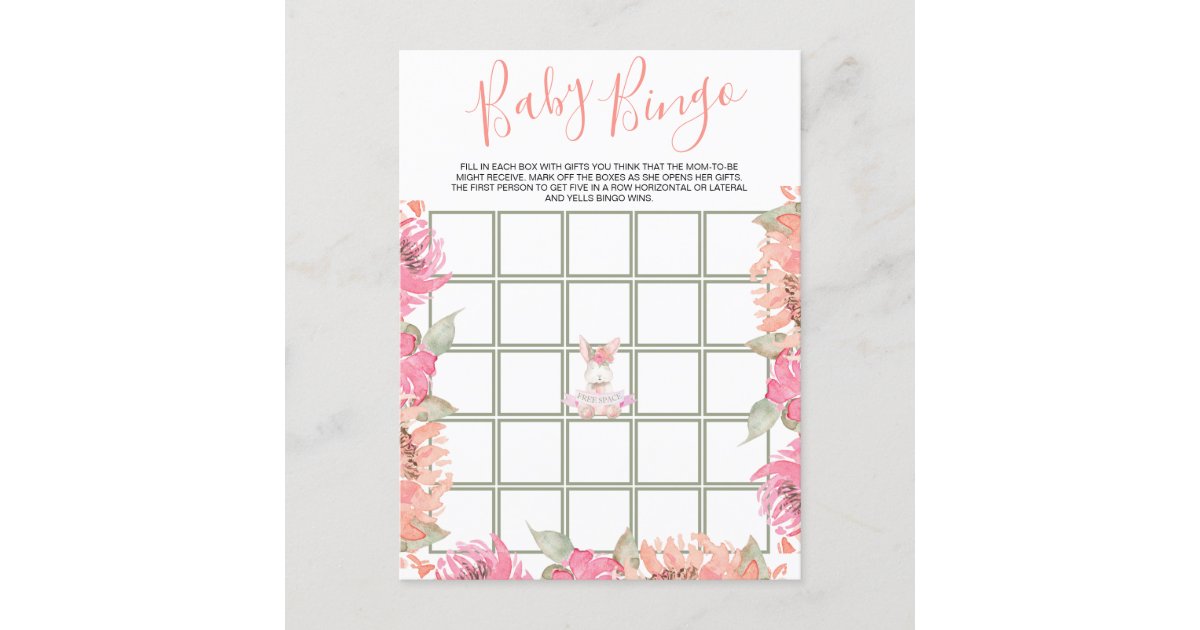 Cute Pink Floral Bunny Bingo Baby Shower Game Card Zazzle Com