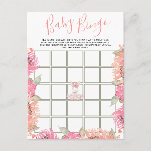 Cute Pink Floral Bunny Bingo Baby Shower Game Card (Front)