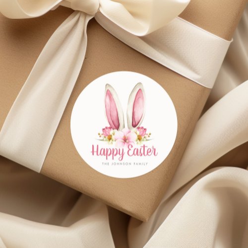 Cute Pink Floral Bunny Ears Happy Easter Classic Round Sticker
